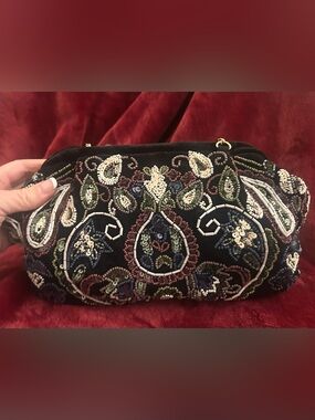 From India To You Black Velvet Beaded Clutch - With Gold Shoulder Strap Chain
